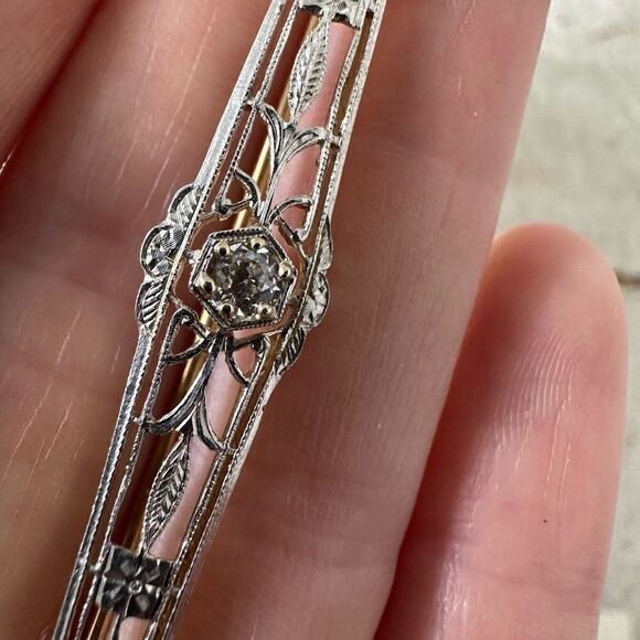 Antique Art Deco 14k Gold With Diamond Bar Brooch - Picture 2 of 9